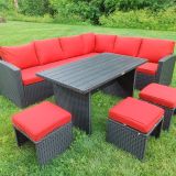 Ensemble de patio extérieur de luxe – 1 table (dessus en composite), 3 causeuses et 3 poufs – Collection Lynn (Disponible en 4 couleurs) en prévente disponible début mai 2026 en cadeau une chaise longue sur ramassage a notre entrepôt