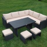 Ensemble de patio extérieur de luxe – 1 table (dessus en composite), 3 causeuses et 3 poufs – Collection Lynn (Disponible en 4 couleurs) en prévente disponible début mai 2026 en cadeau une chaise longue sur ramassage a notre entrepôt