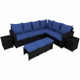 Ensemble de patio extérieur de luxe – Causeuse, Poufs Tables d&rsquo;appoint – Collection Lynn